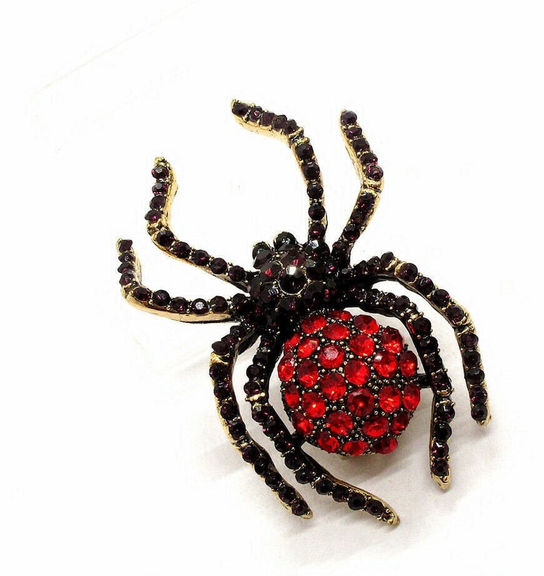 Spider Red and Maroon Rhinestone Spider Brooch with Black Rhinestone Accent stones jewelry pin