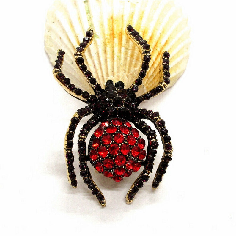 Spider Red and Maroon Rhinestone Spider Brooch with Black Rhinestone Accent stones jewelry pin