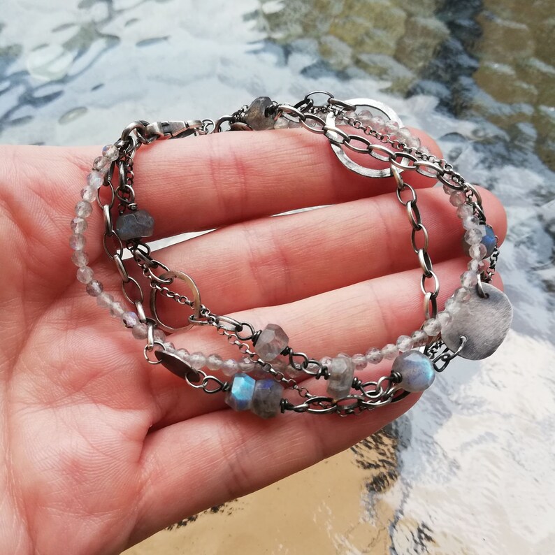 Labradorite silver layered bracelet elegant boho style stylish jewelry gift for women blue labradorite