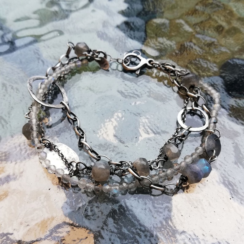 Labradorite silver layered bracelet elegant boho style stylish jewelry gift for women blue labradorite