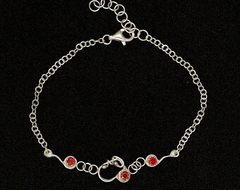 Elegant minimalist heart bracelet, sterling silver bracelet, red rhinestones jewelry , zirconias jewellery, gift for her