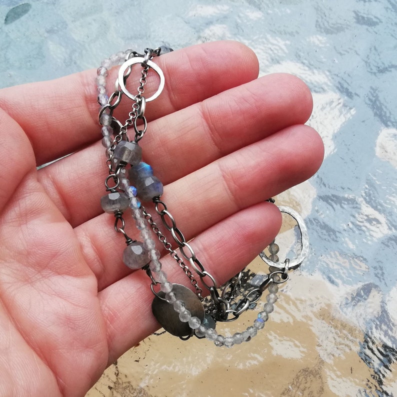 Labradorite silver layered bracelet elegant boho style stylish jewelry gift for women blue labradorite