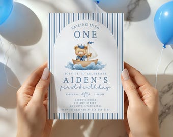 Sailing Into One First Birthday Invitation: Customizable Digital Template (5x7, Mobile)