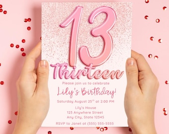 Pink Glitter Balloon 13th Birthday Invitation: Editable Digital Template