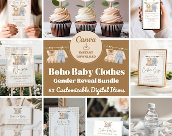 Boho Baby Clothes Gender Reveal Invitation Bundle: DIY Party Decor (Digital Download)