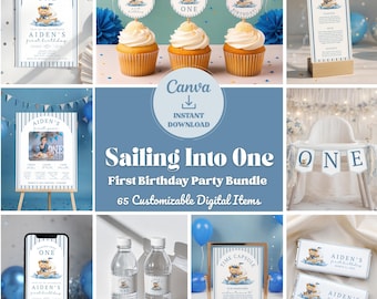 Sailing Into One Birthday Party Bundle: Sail Boat Bear Theme (Digital Download)