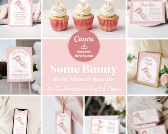Pink Bunny Baby Shower Bundle: Editable Invitation & Party Decor (Digital Download)