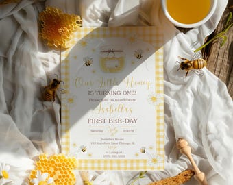 Honey Bee First Birthday Invitation Template: Editable Bee-Day Invite (Digital Download 5x7" & Mobile 1080x1920px )