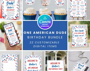 Inbjudnings- och dekorationspaket till One American Dude för första födelsedagen (digital nedladdning)