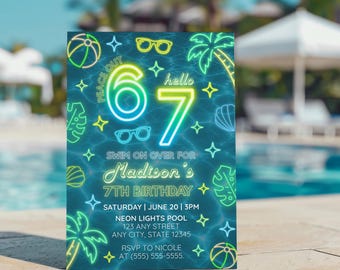 Neon Pool Party 7th Birthday Invitation, Six Seven Theme (Digital Download)