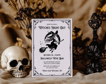 May include: A Halloween invitation featuring a witch on a broomstick. The invitation has a light purple background, black decorative borders, and text that reads "Witches Night Out" and "Halloween Wine Bar". A skull and black decorative object are in the foreground.