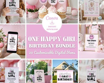One Happy Girl Birthday Party Digital Bundle: Editable Templates (Digital Download)