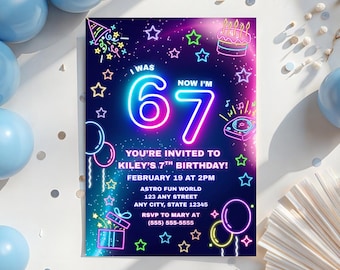 Neon Six-Seven Birthday Invitation, Birthday Party (Digital Download)