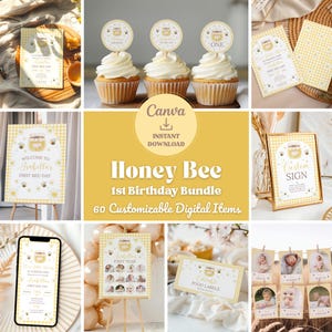 Honey Bee 1st Birthday Party Bundle: Editable Invitation Templates (Digital Download))