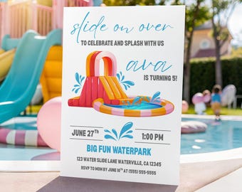 Water Slide Birthday Invitation: Editable Canva Template (Digital Download
