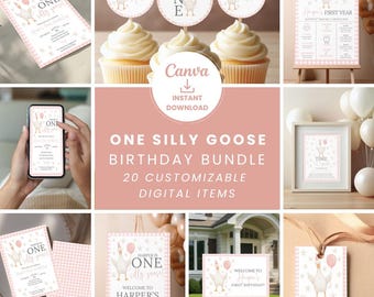 One Silly Goose Birthday Party Bundle: Editable Canva Templates (Digital Download)