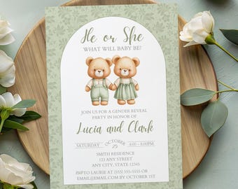 Neutral Teddy Bears Gender Reveal Invitation (Digital Invitation)