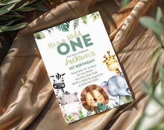 Wild One Birthday Invitation: Jungle Theme, Editable Template (Digital Download)