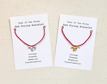 2026 Year of the Horse Red String Bracelet — Chinese New Year, Fire Horse - Gold/ Silver Charm, Lucky Good Luck Positivity Growth Faith Fate