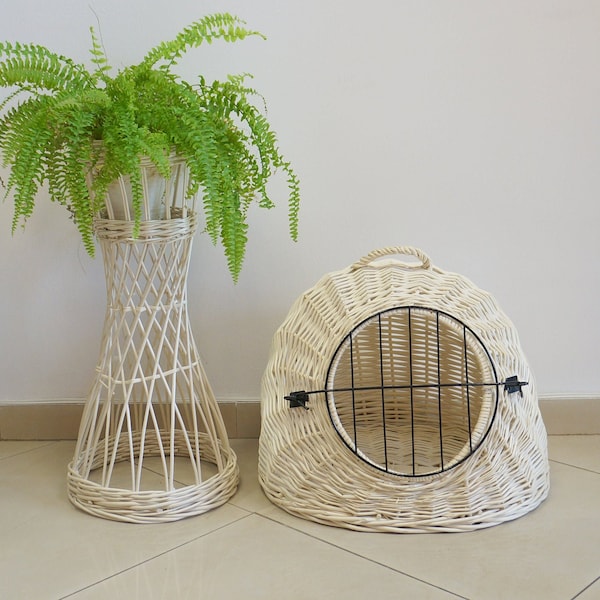 natural wicker house cat, white ecological cat carrier transporter, visit to the vet, wicker cat house, lockable basket dor cat, for dog