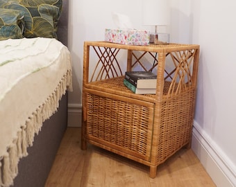 Wicker Bedside Table with Storage Handmade Boho Nightstand Natural Rustic Cabinet