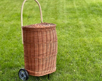 shopping Trolley basket wicker, handmade shopping trolley basket, ecological wheels wicker natural basket, storage,gif basket for her him