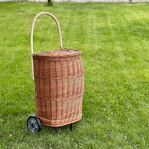 shopping Trolley basket wicker, handmade shopping trolley basket, ecological wheels wicker natural basket, storage,gif basket for her him image 1