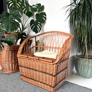 Könnte beinhalten: Ein geflochtener Weidenholz-Sitzbank in hellem Braun mit geschwungenem Rücken und Armlehnen. Dunkelbraune Bänder akzentuieren das Design. Ein cremefarbenes Kissen liegt auf dem Sitz. Die Bank ist von Topfpflanzen umgeben, darunter eine große Monstera.