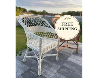 Sillón de mimbre blanco, silla de ratán, asiento de salón estilo boho, muebles de jardín y patio hechos a mano.