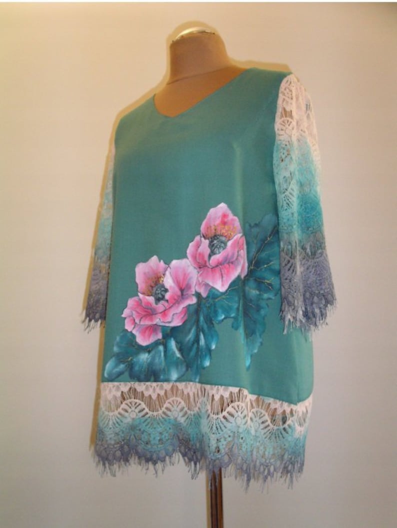 Hand painted blouse tunic cashmere wool XXL shirt gift for her floral painted tunic painted flower handmade handpainted skirt