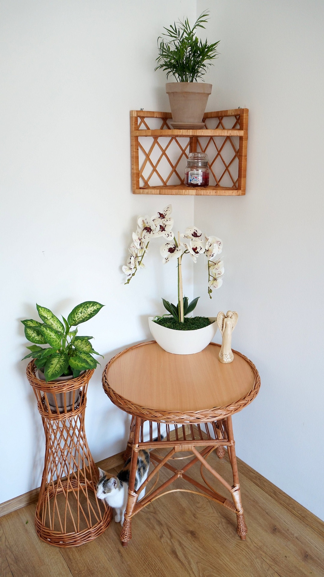 Wicker Corner Shelf, Small Corner Natural Ecological Shelf, Handmade