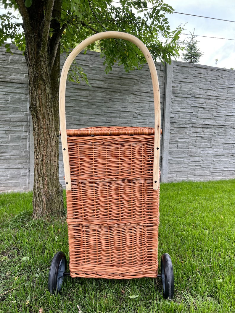 shopping Trolley basket wicker, handmade shopping trolley basket, ecological wheels wicker natural basket, storage,gif basket for her him image 9