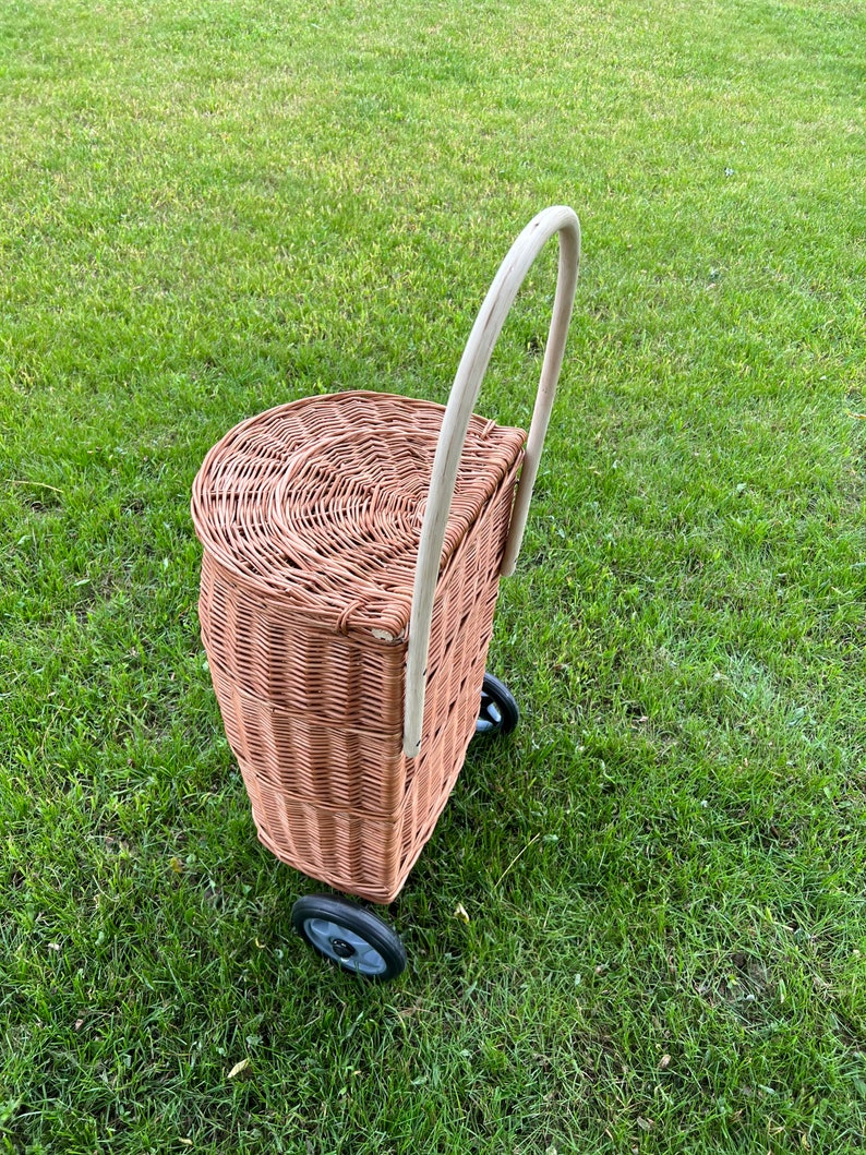 shopping Trolley basket wicker, handmade shopping trolley basket, ecological wheels wicker natural basket, storage,gif basket for her him image 4