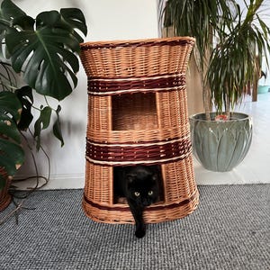May include: A two-tiered cat house made from woven wicker. The cat house is light brown with dark red bands. A black cat is emerging from the lower level. The cat house is on a grey carpet. The cat house is approximately 60 cm tall.
