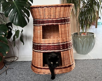 Maison pour chat en osier fait main, 2 niveaux, lit pour animal de compagnie, meubles pour chat bohème, rotin naturel, grotte pour chat, Europe, livraison gratuite