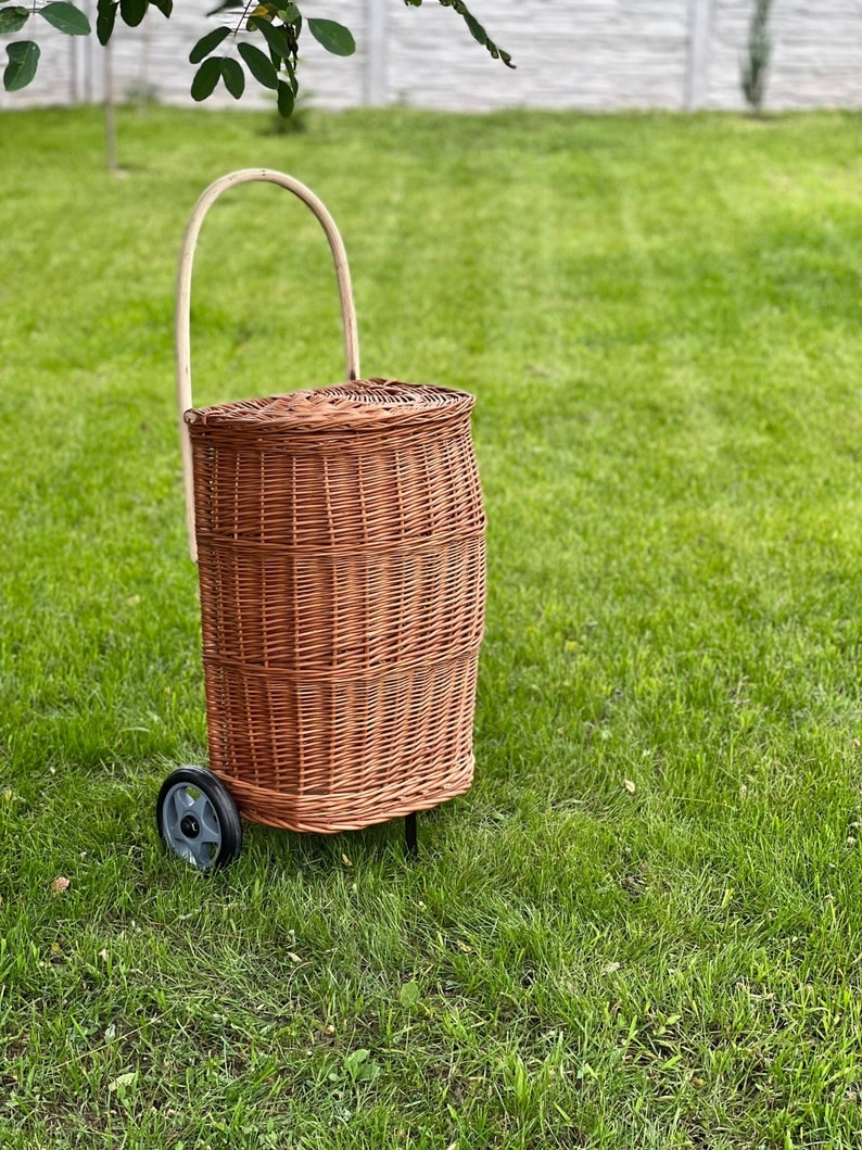 shopping Trolley basket wicker, handmade shopping trolley basket, ecological wheels wicker natural basket, storage,gif basket for her him image 1