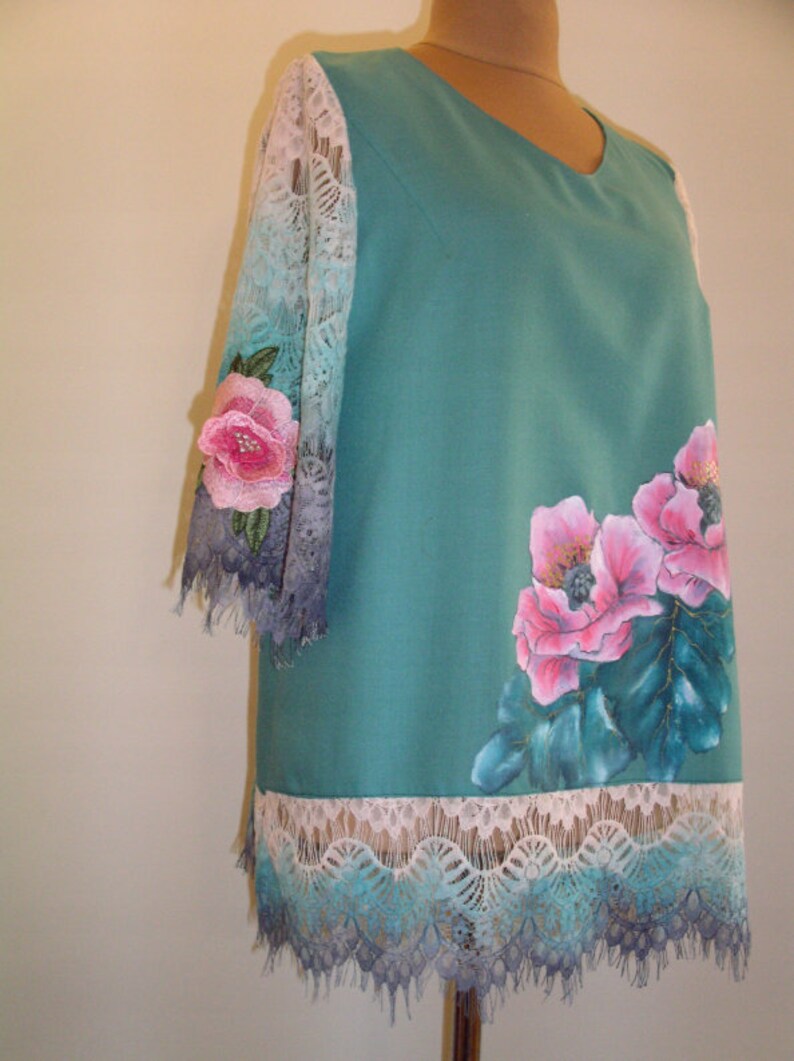 Hand painted blouse tunic cashmere wool XXL shirt gift for her floral painted tunic painted flower handmade handpainted skirt