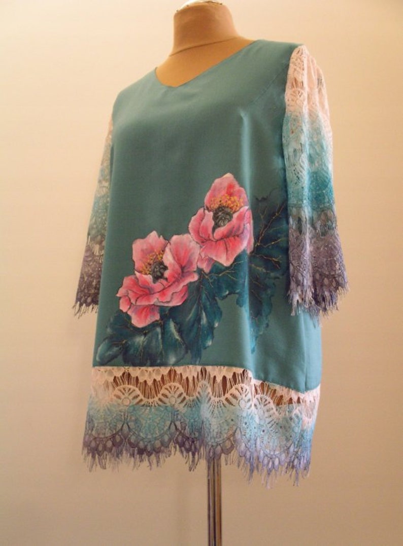 Hand painted blouse tunic cashmere wool XXL shirt gift for her floral painted tunic painted flower handmade handpainted skirt