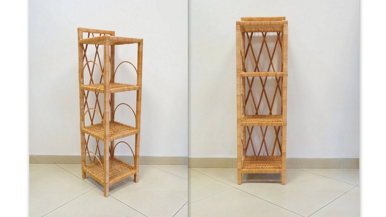 May include: A natural woven wicker shelf unit with four shelves. The shelf unit is made of natural woven wicker and has a light brown color.