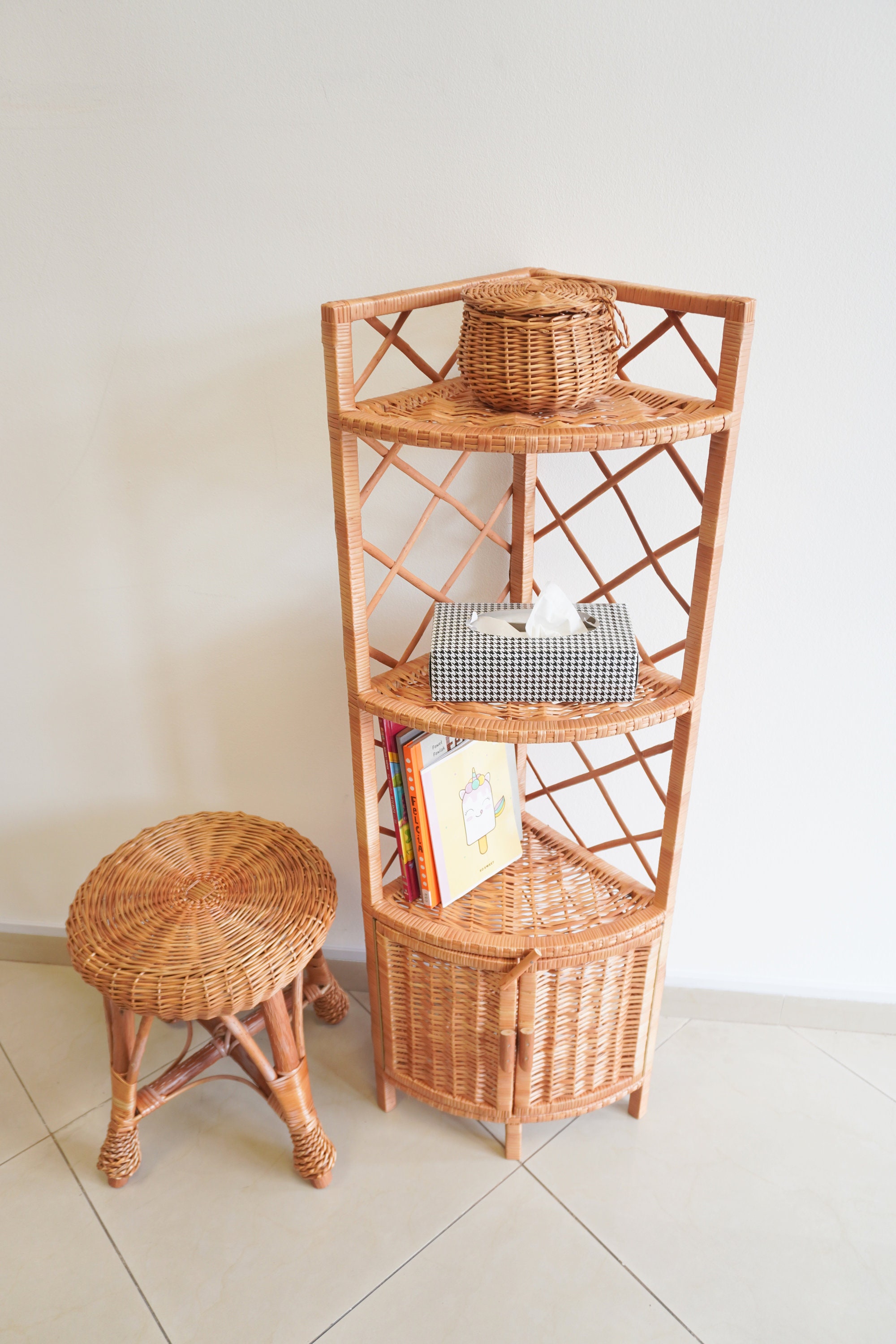 Corner Shelf Cupboard Wicker Boho Chest Cabinet Shelf Furniture
