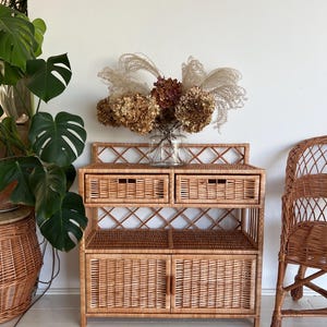 Handmade Wicker Cabinet with Drawers & Doors – Ready to Use – Natural Polish Rattan Storage Unit – No Assembly – Eco Organizer