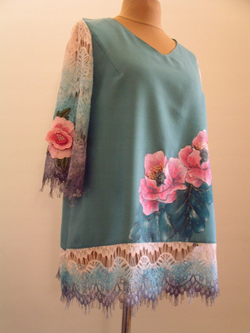 Hand painted blouse tunic cashmere wool XXL shirt gift for her floral painted tunic painted flower handmade handpainted skirt