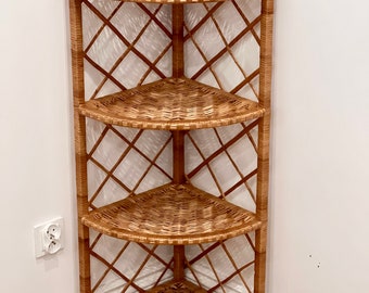 Handmade Wicker Corner Shelf, Natural Rattan Shelving Unit, Boho Storage Rack for Small Spaces