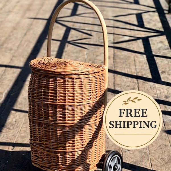 Handmade Wicker Shopping Trolley with Lid: Rolling Market Cart, vintage style