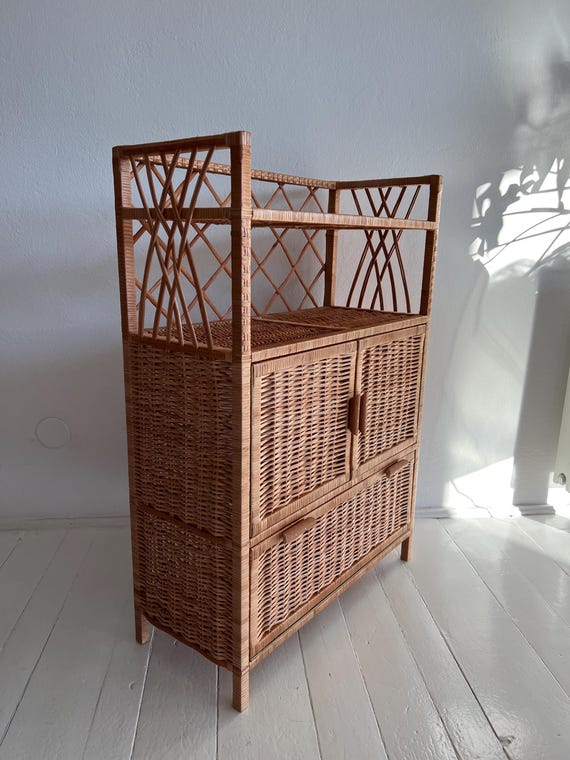 Wicker Shoe Cabinet Storage shelf Boho Rattan Storage Cupboard with Doors Fully Assembled