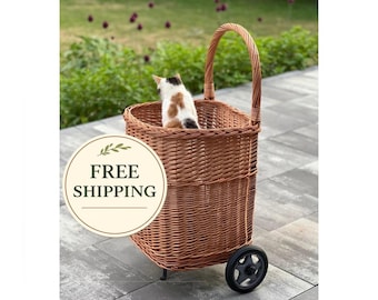 Wicker Shopping Cart on Wheels, Rattan Grocery Trolley, Market Basket, Eco-Friendly & Handmade