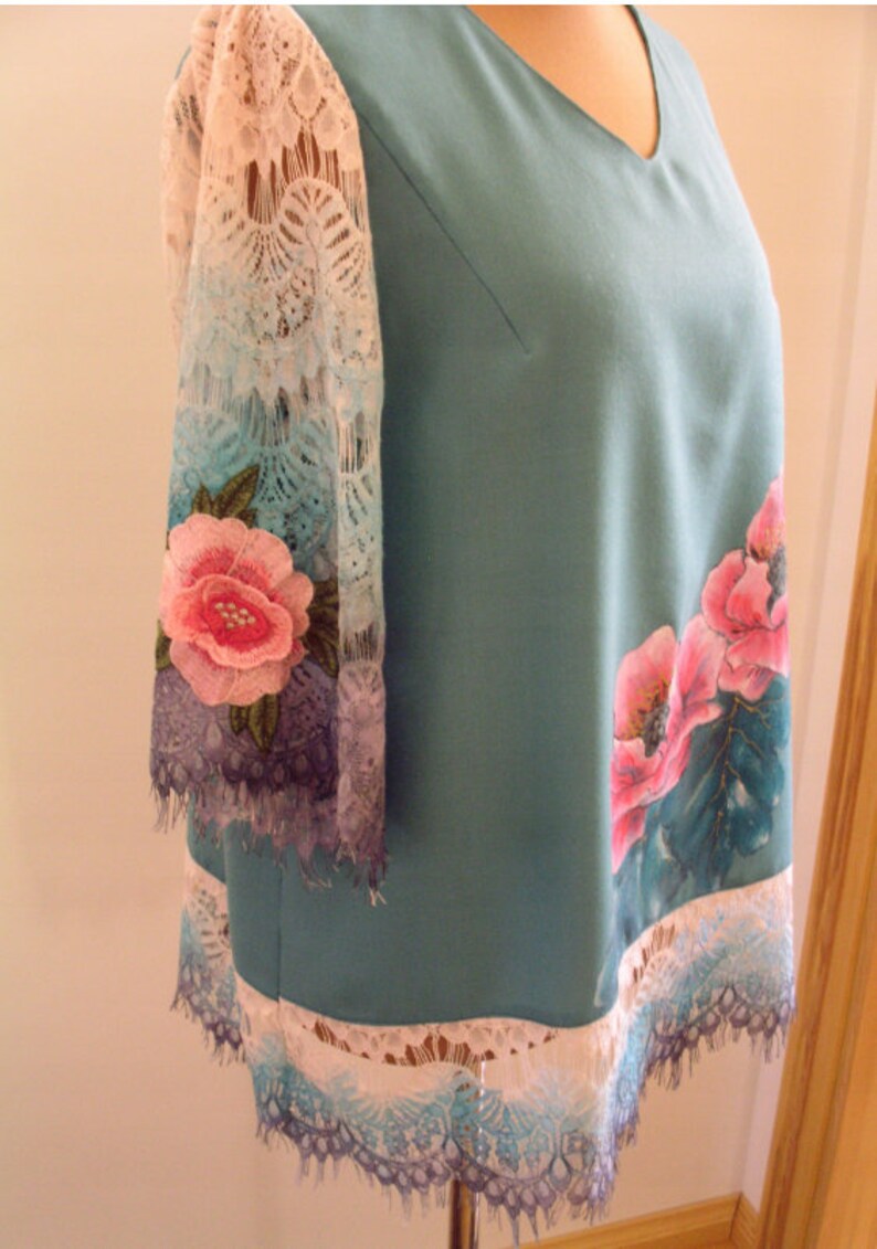 Hand painted blouse tunic cashmere wool XXL shirt gift for her floral painted tunic painted flower handmade handpainted skirt