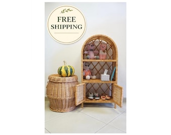 Wicker Shelf Cabinet with Doors Kids Storage Organizer Handmade Natural