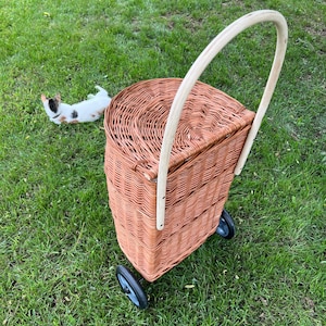 shopping Trolley basket wicker, handmade shopping trolley basket, ecological wheels wicker natural basket, storage,gif basket for her him image 6