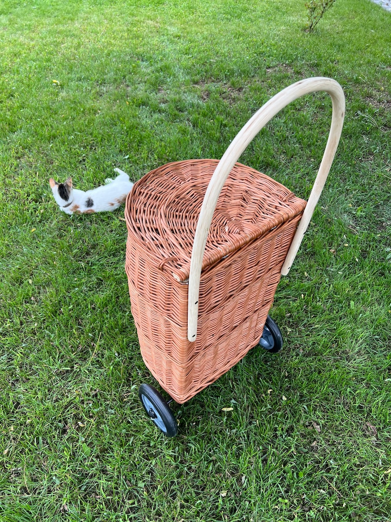 shopping Trolley basket wicker, handmade shopping trolley basket, ecological wheels wicker natural basket, storage,gif basket for her him image 6